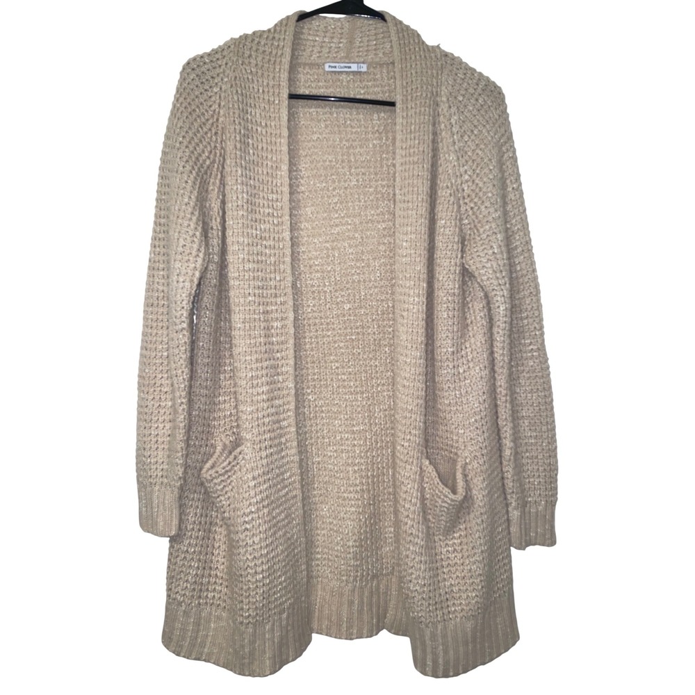 Pink Clover Cream Open-Front Waffle Knit Cardigan with Pockets